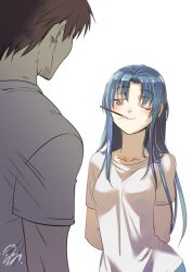 Rule 34 | 1boy, 1girl, arms behind back, blue hair, blush, breasts, brown eyes, brown hair, chidori kaname, commentary request, couple, dark blue hair, food, food in mouth, full metal panic!, highres, long hair, looking at another, medium breasts, one eye closed, pocky, pocky in mouth, sagara sousuke, shikidouji, shirt, short hair, signature, simple background, smug, upper body, white background, white shirt
