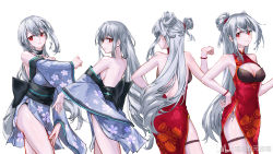 Rule 34 | 4girls, alternate costume, alternate hairstyle, arknights, bare back, bare shoulders, bead bracelet, beads, blue kimono, bracelet, breasts, china dress, chinese clothes, chinese commentary, cleavage, commentary request, cowboy shot, double bun, dress, from behind, hair between eyes, hair bun, hand up, highres, japanese clothes, jewelry, kimono, long hair, long sleeves, looking at viewer, looking back, medium breasts, miaodiande yuanshoumiao, multiple girls, multiple persona, no headwear, off shoulder, red dress, red eyes, silver hair, simple background, skadi (arknights), sleeveless, sleeveless dress, smile, standing, thigh strap, thighs, very long hair, white background, wide sleeves
