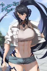 Rule 34 | 1girl, abs, absurdres, anagumasan, arm at side, au ra, warrior of light (ff14), black hair, blurry, blurry background, breast pocket, breasts, buttons, closed mouth, commission, cowboy shot, cropped jacket, day, final fantasy, final fantasy xiv, fingernails, hand up, head tilt, high ponytail, highres, horns, huge breasts, jacket, jewelry, long hair, looking at viewer, navel, open clothes, open jacket, outdoors, parted bangs, pendant, pocket, sapphira nyx, scales, second-party source, short shorts, shorts, smile, solo, sports bra, stomach, tail, toned, unbuttoned, very long hair, white jacket, yellow eyes