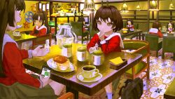 Rule 34 | 6+girls, bag, black bow, black bowtie, bow, bowtie, brown eyes, brown hair, cafe, cellphone, chair, closed mouth, coffee cup, cup, disposable cup, food, hair intakes, hand on own chin, highres, holding, holding phone, indoors, kagenoyuhi, lamp, long hair, long sleeves, looking at another, medium hair, multiple girls, original, phone, pitcher (container), plate, red shirt, sailor collar, school bag, school uniform, shirt, sitting, smartphone, table, tile floor, tiles, white sailor collar