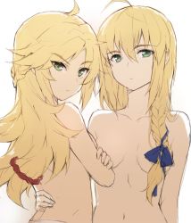 Rule 34 | 2girls, ahoge, artoria pendragon (fate), bad id, bad twitter id, blonde hair, blue ribbon, braid, breasts, commentary, convenient censoring, fate/grand order, fate (series), frown, green eyes, hair between eyes, hair censor, hair ornament, hair over breasts, hair over one breast, hair scrunchie, highres, long hair, looking at viewer, mordred (fate), mordred (fate/apocrypha), multiple girls, red scrunchie, ribbon, scrunchie, simple background, single braid, small breasts, tonee, topless, unfinished, upper body, v-shaped eyebrows, white background