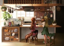 Rule 34 | 159cm, 2girls, animal ears, black pants, bottle, brown footwear, brown hair, ceiling light, counter, facing away, from behind, glan (159cm), glass, green footwear, green hair, green skirt, horns, huge horns, indoors, long hair, multiple girls, original, pants, pink sweater, plant, plate, potted plant, refrigerator, shoes, sitting, skirt, slippers, standing, stool, sweater, tail, wine-chan (159cm)