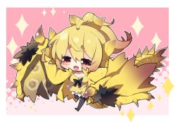 Rule 34 | 1girl, :d, ahoge, black bow, black thighhighs, blonde hair, bow, breasts, chibi, commentary request, dragon girl, dragon horns, dragon wings, dress, fang, full body, gold rathian, hair between eyes, halftone, halftone background, highres, horns, looking at viewer, medium breasts, milkpanda, monster hunter (series), no shoes, open mouth, personification, pink background, red eyes, short eyebrows, smile, solo, sparkle, strapless, strapless dress, thick eyebrows, thighhighs, wings, yellow dress