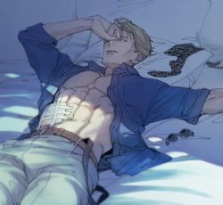Rule 34 | 1boy, animal print, bandages, bed, belt, blue shirt, brown belt, collared shirt, cowboy shot, enjin y, goggles, grey pants, hand on own face, jujutsu kaisen, leopard print, long sleeves, lying, male focus, muscular, muscular male, nanami kento, necktie, on back, on bed, open clothes, open shirt, pants, parted lips, pectorals, pillow, shirt, short hair, solo