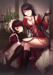Rule 34 | 2girls, apron, arms behind back, artist request, player character (mabinogi), bdsm, black footwear, black hair, bob cut, bondage, boots, bound, bound wrists, braid, breasts, brown hair, candle, candlestand, character request, cleavage, collar, crossed legs, cupboard, dress, eyelashes, femdom, hair over one eye, highres, indoors, juliet sleeves, knee boots, kneeling, leash, long hair, long sleeves, looking at another, mabinogi, maid, maid apron, maid headdress, multiple braids, multiple girls, parted lips, pioromantica, pitcher (container), plant, puffy sleeves, red dress, red eyes, shadow, short hair, side slit, signature, sitting, slave, swept bangs, very long hair, yuri