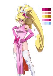 Rule 34 | 1girl, aida mana, alternate costume, armpits, bare shoulders, blonde hair, blush, bow, china dress, chinese clothes, cure heart, curly hair, dokidoki! precure, dress, elbow gloves, gan balance, gloves, hair ornament, half updo, hand on own hip, heart, heart hair ornament, monk, pink bow, ponytail, precure, red eyes, side slit, smile, solo, standing, thighhighs, transparent background, white background, white thighhighs