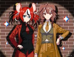 Rule 34 | 2girls, absurdres, animal ears, black shirt, blue eyes, braid, brick wall, brown eyes, brown hair, brown suit, dog ears, formal, hakos baelz, highres, hololive, hololive english, inugami korone, mouse ears, multiple girls, necktie, red hair, red necktie, red suit, shirt, sowon, sparkle, suit, twin braids, twintails, twitter username, uneven twintails, vest, virtual youtuber, white shirt