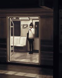 Rule 34 | absurdres, bag, blunt bangs, cellphone, closed eyes, closed mouth, commentary, full body, guweiz, hair bun, highres, holding, holding phone, loafers, long sleeves, miniskirt, monochrome, original, pantyhose, phone, poster (object), saturn (planet), sepia, shoes, short hair, shoulder bag, single hair bun, skirt, standing, sweater, symbol-only commentary, train, train interior, train station