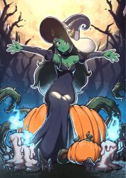 Rule 34 | 1girl, bare tree, black dress, black hair, black hat, black sleeves, blue fire, candle, colored skin, detached sleeves, dress, fire, full moon, green eyes, green skin, hat, highres, horns, long hair, looking at viewer, moon, night, original, outdoors, pumpkin, saiwo (saiwoproject), sitting, solo, tree, witch hat