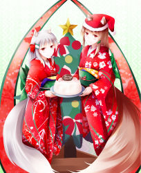 Rule 34 | 2girls, absurdres, animal ears, blush, bow, brown hair, cake, christmas, christmas cake, christmas tree, commentary request, ears through headwear, english text, female focus, food, fudo shin, green bow, hair bow, hair ornament, hairclip, hat, highres, holding, holding cake, holding food, holding plate, holo, japanese clothes, kimono, long hair, looking at viewer, mother and daughter, multiple girls, myuri (spice and wolf), obi, plate, print kimono, red bow, red eyes, red hat, red kimono, santa hat, sash, shinsetsu spice and wolf, silver hair, smile, snowflake print, snowman print, spice and wolf, standing, tail, text focus, wolf ears, wolf girl, wolf tail, yukata