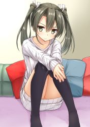Rule 34 | 1girl, :/, absurdres, alternate costume, black thighhighs, blush, closed mouth, collarbone, cushion, dress, gradient background, hair ribbon, highres, hino (2nd life), kantai collection, knees together feet apart, long hair, long sleeves, looking at viewer, no shoes, own hands together, ribbon, sleeves past wrists, solo, sweatdrop, sweater, sweater dress, thighhighs, thighs, twintails, v-shaped eyebrows, white dress, white ribbon, yellow background, zuikaku (kancolle)