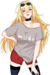Rule 34 | alternate costume, bismarck (kancolle), black choker, black thighhighs, blonde hair, blue eyes, casual, chamumi (mochiumee), choker, commentary request, cowboy shot, eyewear on head, grey shirt, kantai collection, long hair, one-hour drawing challenge, red shorts, shirt, shorts, simple background, sunglasses, thighhighs, translation request, white background
