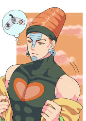 Rule 34 | 1boy, abs, beehive hairdo, black headband, collarbone, commentary request, controller, earrings, facial mark, facial tattoo, forehead mark, game controller, giga omega, green eyes, headband, highres, jacket, jewelry, jojo no kimyou na bouken, male focus, orange hair, pectorals, sleeveless, sleeveless turtleneck, solo, stardust crusaders, tattoo, terence t. d&#039;arby, thought bubble, toned, toned male, turtleneck, upper body, yellow jacket