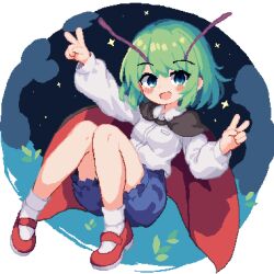Rule 34 | 1girl, 999 (hansode), antennae, black cape, blue shorts, blush, breasts, cape, cloud, collared shirt, commentary, double v, full body, green eyes, green hair, long sleeves, looking at viewer, mary janes, medium bangs, open mouth, pixel art, red cape, red footwear, shirt, shoes, short hair, shorts, small breasts, smile, socks, solo, star (sky), touhou, two-sided cape, two-sided fabric, v, white shirt, white socks, wriggle nightbug