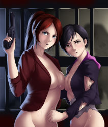 Rule 34 | 2girls, asymmetrical docking, black hair, blue eyes, bottomless, breast press, breasts, brown eyes, capcom, claire redfield, coat, gun, handgun, hood, hood down, hooded jacket, jacket, jacket only, long hair, moira burton, multiple girls, naked coat, no bra, nose, out-of-frame censoring, parted bangs, parted lips, pistol, ponytail, red hair, resident evil, resident evil: revelations 2, short hair, small breasts, sweat, swept bangs, thor (deep rising), torn clothes, torn jacket, weapon