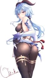 Rule 34 | 1girl, ahoge, ass, bare shoulders, black pantyhose, blue hair, blush, bodystocking, breasts, cowbell, detached sleeves, embarrassed, from behind, ganyu (genshin impact), genshin impact, horns, large breasts, long hair, looking at viewer, oz, panties, panties under pantyhose, pantyhose, purple eyes, shiny clothes, shiny skin, sideboob, solo, transparent background, underwear, very long hair, wet, wet clothes