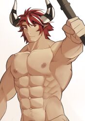 Rule 34 | 1boy, abs, alternate facial hair, animal ears, arknights, bara, completely nude, cow boy, cow ears, cow horns, expressionless, facial hair, hand up, highres, holding, horns, humus (arknights), large pectorals, male focus, mature male, multicolored hair, muscular, muscular male, navel, navel hair, nipples, nude, opqrald, pectorals, red hair, short hair, solo, stomach, streaked hair, stubble, thick eyebrows, upper body