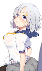 Rule 34 | 10s, 1girl, absurdres, admiral (kancolle), ass, bad id, bad pixiv id, blue eyes, blush, breasts, covered erect nipples, hair ornament, hair over one eye, hairclip, hamakaze (kancolle), highres, icehotmilktea, implied sex, kantai collection, large breasts, pantyhose, school uniform, serafuku, short hair, silver hair, sitting, sitting on lap, sitting on person, solo