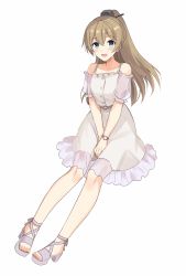 Rule 34 | 1girl, alternate costume, blue eyes, blush, brown hair, dress, ear piercing, frilled dress, frills, full body, hair ornament, hairclip, high heels, highres, kantai collection, kumano (kancolle), long hair, open mouth, piercing, ponytail, sandals, see-through, see-through sleeves, senbei (senbe i), simple background, solo, watch, white background, white dress, white footwear