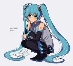 Rule 34 | 1girl, aqua eyes, aqua hair, arisa (aren), bad id, bad pixiv id, black footwear, black skirt, boots, character name, detached sleeves, full body, hand on own cheek, hand on own face, hatsune miku, long hair, making-of available, necktie, pleated skirt, skirt, solo, squatting, thigh boots, thighhighs, twintails, very long hair, vocaloid, white background