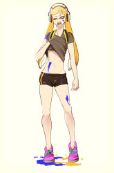 Rule 34 | 1girl, absurdres, aged up, bike shorts, blue eyes, clothes lift, fangs, groin, headphones, highres, inkling, inkling girl, inkling player character, long hair, midriff, navel, nintendo, no socks, orange hair, paint, personification, puchiman, shirt lift, shoes, short shorts, shorts, simple background, sneakers, solo, splatoon (series), splatoon 1, tentacle hair