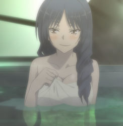 Rule 34 | 10s, 1girl, bathroom, blue hair, blush, breasts, brown eyes, cleavage, fudou akio (trinity seven), hair over shoulder, highres, indoors, large breasts, long hair, looking at viewer, naked towel, partially submerged, screencap, seven arcs, sitting, smile, steam, towel, trinity seven, water