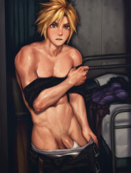 1boy abs arm_up bare_shoulders bed bed_frame belt belt_buckle black_pants black_shirt blonde_hair bludwing blue_eyes blush brown_belt buckle clothes_pull cloud_strife commentary curtains dress english_commentary final_fantasy final_fantasy_vii flaccid groin highres indoors looking_at_viewer male_focus male_pubic_hair male_underwear navel open_belt open_mouth open_pants pants pectorals penis pillow pubic_hair shirt shirt_partially_removed signature solo teeth testicles thighs underwear undressing unworn_clothes upper_teeth_only veins veiny_arms white_male_underwear