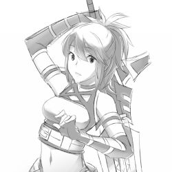 Rule 34 | 1girl, ade (emi-tan), arm guards, arm up, bare shoulders, belt, breasts, emi-tan, greyscale, huge weapon, looking at viewer, midriff, monochrome, navel, original, ponytail, simple background, solo, sword, weapon, white background