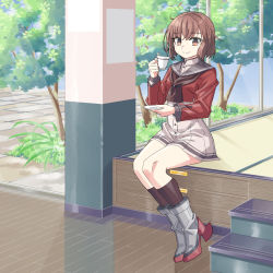 Rule 34 | 1girl, boots, breasts, brown eyes, brown hair, brown neckerchief, brown socks, cup, dress, grey sailor collar, highres, holding, holding cup, holding plate, kantai collection, kazh (kazu), kneehighs, long sleeves, neckerchief, plate, red shirt, rudder footwear, sailor collar, sailor dress, sailor shirt, shirt, short hair, sitting, small breasts, smile, socks, solo, tan yang (kancolle), white dress, yukikaze (kancolle)