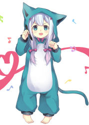 Rule 34 | &gt;:d, 10s, 1girl, :d, animal costume, barefoot, beamed quavers, blue eyes, blue hair, blush, bow, cat costume, crotchet, eromanga sensei, fangs, full body, grey hair, hair bow, hands up, heart, heart of string, highres, holding, izumi sagiri, kinatsu ship, long hair, looking at viewer, musical note, open mouth, pigeon-toed, purple bow, quaver, simple background, smile, solo, standing, stylus, tareme, v-shaped eyebrows, white background