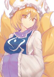 Rule 34 | 1girl, animal ears, blonde hair, blue tabard, breasts, commentary request, eyes visible through hair, fox ears, fox tail, frills, hands in opposite sleeves, hat, highres, large breasts, long sleeves, mob cap, multiple tails, orchid (pixiv3730518), short hair, simple background, solo, tabard, tail, touhou, upper body, white background, white hat, wide sleeves, yakumo ran, yellow eyes