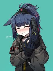 Rule 34 | absurdres, animal ears, arknights, beretta 92, black shirt, blue hair, blush, brown jacket, cat ears, choker, crying, closed eyes, gloves, gun, handgun, headset, highres, holding, holding gun, holding weapon, jacket, jessica (arknights), kimint24, microphone, multicolored hair, pistol, ponytail, shirt, signature, simple background, solo, streaked hair, tears, third-party source, weapon