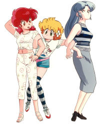 1980s (style), 3girls, arm behind head, arm grab, arm up, bangs, blonde hair, bracelet, casual, daitokuji biko, drill locks, eyebrows visible through hair, floral print, flower, green eyes, hair flower, hair ornament, highres, jewelry, kotobuki shiiko, long hair, magami eiko, multiple girls, official art, oldschool, open mouth, project a-ko, red eyes, red hair, retro artstyle, sandals, scan, scowl, shirt, shoes, short hair, short sleeves, shorts, silver hair, simple background, sneakers, standing, striped, striped legwear, thighhighs, tied shirt, white background