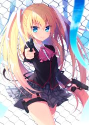 Rule 34 | 1girl, black jacket, blonde hair, blue eyes, blurry, blurry foreground, bow, bowtie, closed mouth, collared shirt, commentary request, dress shirt, dual wielding, firing at viewer, floating hair, grey skirt, gun, hair between eyes, hair ribbon, handgun, highres, holding, holding gun, holding weapon, holster, jacket, little busters!, long hair, long sleeves, looking at viewer, miniskirt, pink bow, pink bowtie, plaid, plaid skirt, pleated skirt, revision, ribbon, shirt, sig p220/p226, sig sauer, skirt, smile, solo, standing, thigh holster, tokido saya, twintails, very long hair, weapon, white ribbon, white shirt, wing collar, ytuorvi