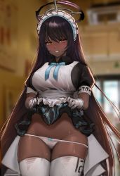 Rule 34 | 1girl, absurdres, apron, black hair, blue archive, blue bow, blue bowtie, blush, bow, bow panties, bowtie, breasts, clothes lift, cowboy shot, crying, crying with eyes open, dark-skinned female, dark skin, frilled apron, frilled hairband, frilled skirt, frills, gg amang, gloves, hair between eyes, hairband, halo, highres, indoors, karin (blue archive), large breasts, lifting own clothes, long hair, looking at viewer, maid, open mouth, panties, short sleeves, sidelocks, skirt, skirt lift, solo, standing, tears, thighhighs, thighs, underwear, very long hair, white apron, white gloves, white panties, white thighhighs, yellow eyes
