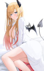 Rule 34 | 1girl, absurdres, arm support, ass, bare legs, bat wings, bed sheet, black horns, black tail, black wings, blonde hair, blue eyes, blurry, blurry background, blush, breasts, coat, commentary, demon girl, demon horns, demon tail, demon wings, eyelashes, feet out of frame, forehead, gradient hair, hair ornament, highres, hololive, horn ornament, horns, lab coat, large breasts, leaning to the side, legs, long hair, looking at viewer, multicolored hair, onemuikun-b, open clothes, open coat, open mouth, parted bangs, pink hair, pointy ears, sidelocks, simple background, sitting, solo, streaked hair, swept bangs, tail, tail raised, teacher, thighs, virtual youtuber, white background, white coat, wings, x hair ornament, yokozuwari, yuzuki choco, yuzuki choco (1st costume)