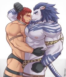 Rule 34 | 2boys, abs, animal ears, bara, beard, blue hair, bulge, commission, eye contact, facial hair, feet out of frame, from side, furry, furry male, furry with non-furry, highres, hug, interspecies, large pectorals, leg belt, lion boy, lion ears, lion tail, looking at another, male focus, mature male, multiple boys, muscular, muscular male, nipples, orange hair, original, panther print, pectorals, rope, short hair, sideburns, smile, stomach, tail, terraxle, thick eyebrows, thick thighs, thighs, topless male, wrestling outfit, yaoi