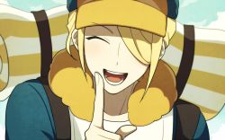 Rule 34 | 1boy, :d, blonde hair, closed eyes, commentary, creatures (company), day, facing viewer, game freak, hair over one eye, hand up, happy, hat, index finger raised, jumpsuit, male focus, nintendo, open mouth, outdoors, pokemon, pokemon legends: arceus, short hair, smile, solo, ssalbulre, strap, teeth, tongue, volo (pokemon), yellow hat