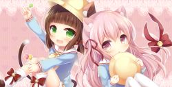 Rule 34 | 2girls, :d, :o, animal ears, arm up, azur lane, bell, blue shirt, blunt bangs, blush, border, bow, brown hair, candy, cat ears, cat girl, cat tail, commentary request, ears through headwear, fang, fingernails, food, green eyes, hair between eyes, hair bow, hair ribbon, hat, heart, heart background, highres, holding, holding candy, holding clothes, holding food, holding hat, holding lollipop, jingle bell, kindergarten uniform, kisaragi (azur lane), lace, lace border, lollipop, long hair, long sleeves, looking at viewer, loose socks, low twintails, multiple girls, mutsuki (azur lane), one side up, open mouth, ornate border, pantyhose, parted lips, pink eyes, pink hair, red bow, red ribbon, ribbon, sailor collar, school hat, shirt, short twintails, smile, socks, striped, striped background, tail, tail bell, tail bow, tail ornament, twintails, unworn hat, unworn headwear, vertical stripes, very long hair, white legwear, white sailor collar, yellow hat, yukiyuki 441