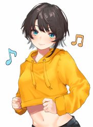 Rule 34 | 1girl, aqua eyes, blue eyes, brown hair, crop top, crop top overhang, dancing, eighth note, highres, hololive, looking at viewer, midriff, musical note, nail polish, oozora subaru, short hair, simple background, smile, solo, sweater, swept bangs, translation request, virtual youtuber, white background, yamada (iroha97151188), yellow nails
