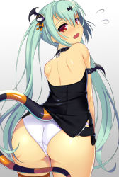 Rule 34 | 1girl, alice (queen&#039;s gate), aqua hair, armlet, ass, bare shoulders, blush, choker, hair ornament, highres, kyoku tou, long hair, open mouth, panties, queen&#039;s blade, queen&#039;s gate, red eyes, simple background, solo, tail, twintails, underwear, very long hair, white panties