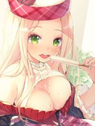 Rule 34 | 10s, 1girl, bare shoulders, blonde hair, blush, breasts, cleavage, cleavage cutout, clothing cutout, diola (granblue fantasy), dripping, eating, food, granblue fantasy, green eyes, hat, hato haru, highres, large breasts, long hair, looking at viewer, melting, open mouth, popsicle, smile, solo, teeth, upper body