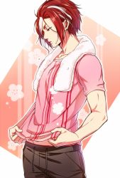 Rule 34 | 10s, 1boy, all out!!, bad id, bad pixiv id, cherry blossoms, cowboy shot, looking down, male focus, multicolored hair, pink background, pink shirt, red eyes, red hair, sekizan takuya, shirt, solo, streaked hair, t-shirt, towel, towel around neck, tsuchiya (1315444), wet, wet hair