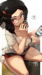 Rule 34 | !, 1girl, bikini, bikini top only, bikini under clothes, black hair, black shorts, breasts, caloriemate, cellphone, cleavage, collarbone, cookie, eating, food, glasses, hair ornament, highres, holding, holding phone, huge breasts, iphone, kashu (hizake), large breasts, long hair, looking at viewer, multicolored clothes, multicolored hair, multicolored shorts, original, phone, red-eyed glasses girl (kashu (hizake)), red bikini, red eyes, rimless eyewear, see-through, shirt, short shorts, shorts, sitting, smartphone, socks, solo, speech bubble, swimsuit, wet, wet clothes, wet shirt, white background, white shirt, white socks, yokozuwari