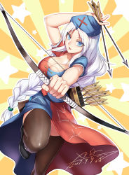 Rule 34 | 1girl, absurdres, arrow (projectile), black thighhighs, blue eyes, blush, bow (weapon), breasts, cleavage, collarbone, dated, highres, holding, holding bow (weapon), holding weapon, large breasts, looking at viewer, open mouth, signature, silver hair, smile, solo, thighhighs, touhou, weapon, x-boy, yagokoro eirin