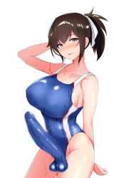 Rule 34 | 1futa, absurdres, arm up, artist request, blonde eyebrows, blush, bow, breasts, brown eyes, brown hair, bulge, collarbone, competition swimsuit, erection, erection under clothes, full-package futanari, futanari, hair between eyes, hair bow, hair ribbon, highres, huge penis, impossible clothes, impossible swimsuit, large breasts, looking at viewer, one-piece swimsuit, parted lips, penis, ponytail, ribbon, simple background, solo, swimsuit, wet, wet clothes, wet swimsuit, white background, white ribbon