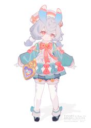 Rule 34 | 1girl, absurdres, animal ears, apron, aqua bow, aqua dress, artist name, black footwear, blue shorts, blush, bow, bowtie, broken heart, brooch, closed mouth, commentary request, crossed bangs, dress, eyelashes, full body, genshin impact, giuniu (unc 135), gloves, grey hair, hair between eyes, hair intakes, hair ornament, hat, head tilt, heart, highres, jewelry, long sleeves, looking at viewer, low twintails, medium hair, nurse cap, pantyhose, pom pom (clothes), pom pom hair ornament, puffy long sleeves, puffy sleeves, red bow, red bowtie, red eyes, shoes, short twintails, shorts, sidelocks, sigewinne (genshin impact), simple background, sleeves past wrists, smile, solo, standing, twintails, twitter username, watermark, white apron, white background, white gloves, white hat, white pantyhose