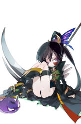 Rule 34 | alice (brave frontier), amiami, bad id, bad pixiv id, belt, black hair, blue eyes, boots, brave frontier, butterfly hair ornament, coat, crescent, crescent hair ornament, hair ornament, highres, long hair, long sleeves, ponytail, scythe, solo