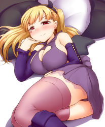 Rule 34 | 1girl, blonde hair, blush, boots, breasts, cleavage cutout, clothing cutout, demon horns, dress, earrings, halloween, halloween costume, headband, horns, jewelry, kuase, large breasts, long hair, looking at viewer, lying, on side, panties, pantyshot, red eyes, smile, solo, tattoo, thighhighs, tokyo 7th sisters, two side up, uesugi u. kyouko, underwear, upskirt