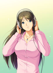 Rule 34 | 1girl, absurdres, breasts, brown hair, cleavage, dragon@harry, female focus, gradient background, headphones, highres, jewelry, large breasts, long hair, necklace, original, solo